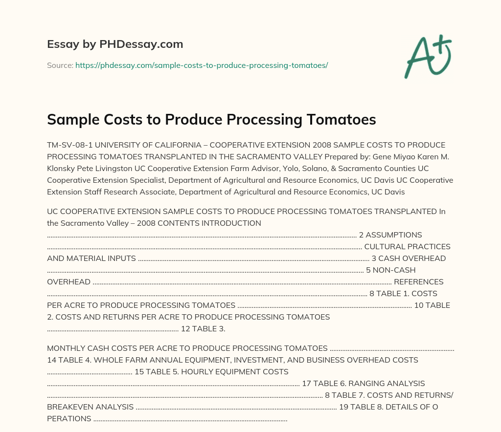Sample Costs to Produce Processing Tomatoes essay