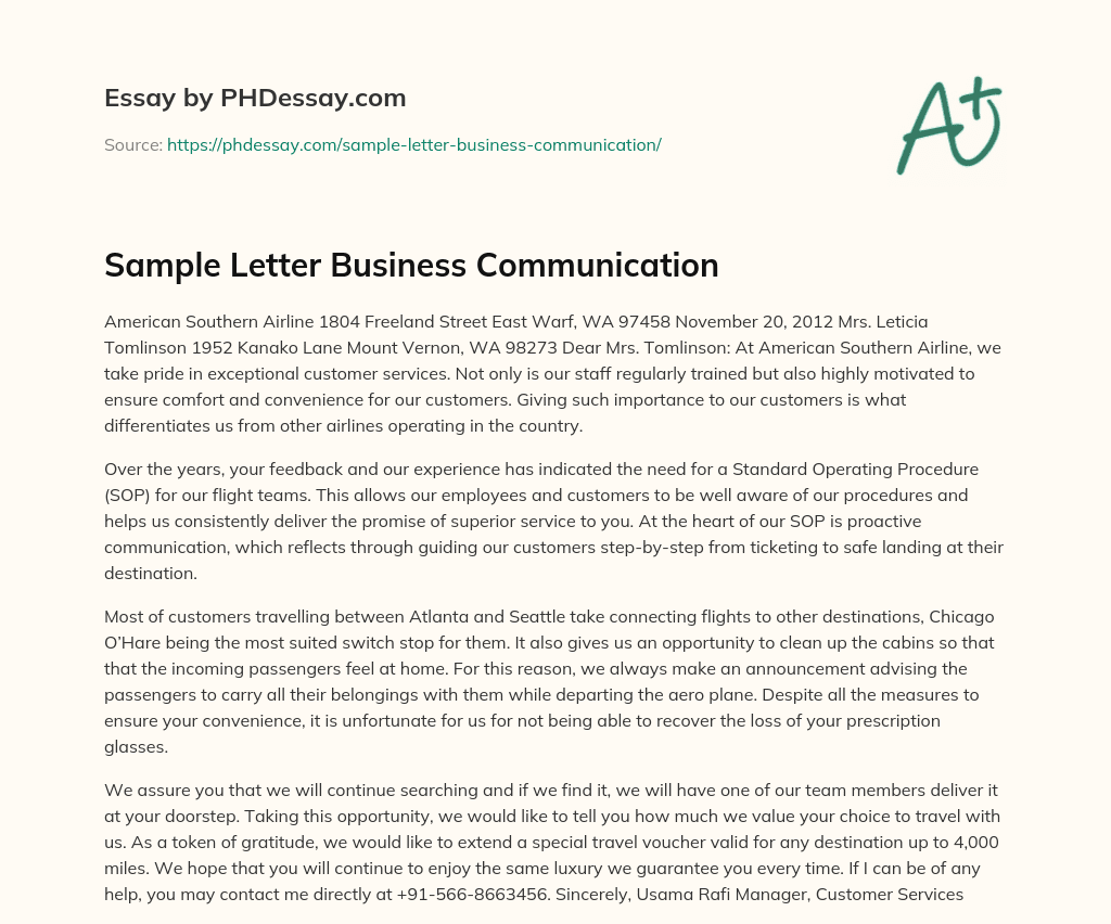 Sample Letter Business Communication (300 Words)