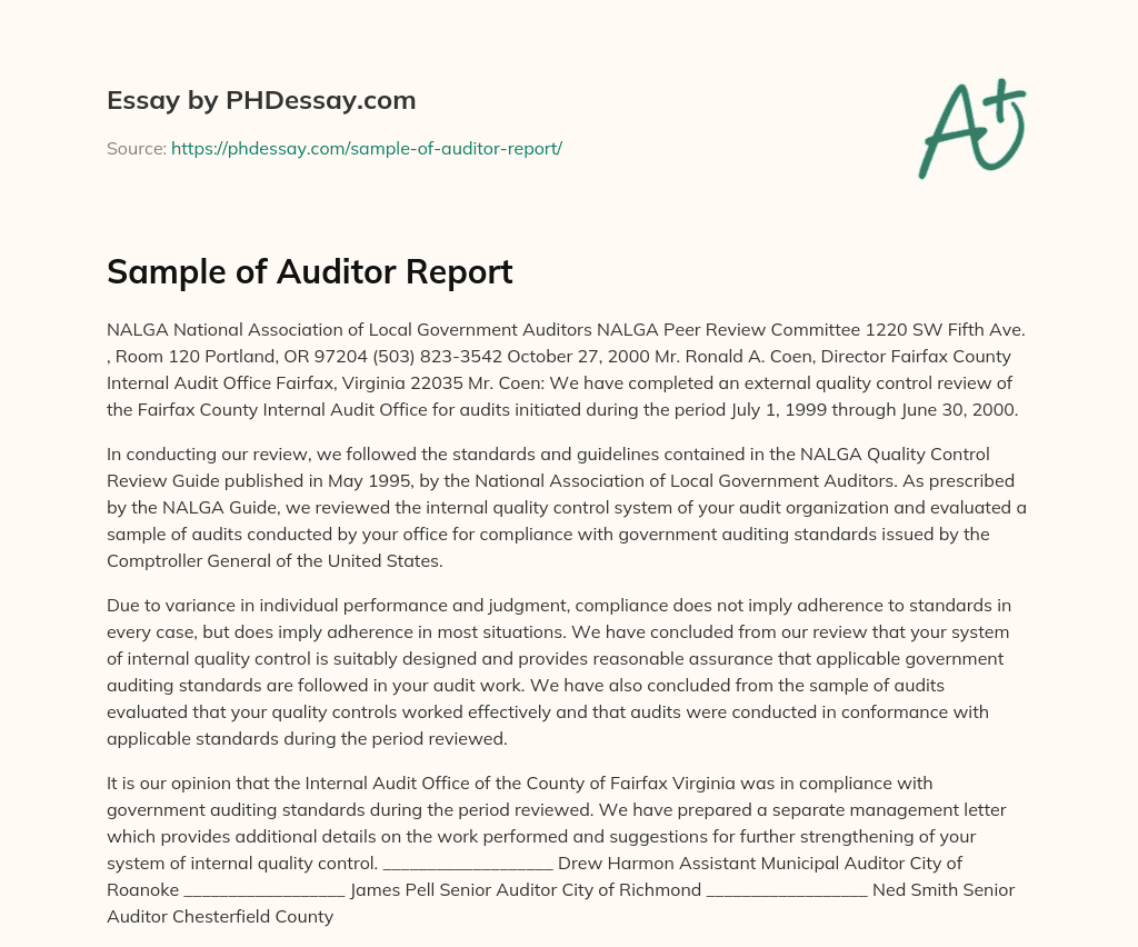 Sample of Auditor Report essay