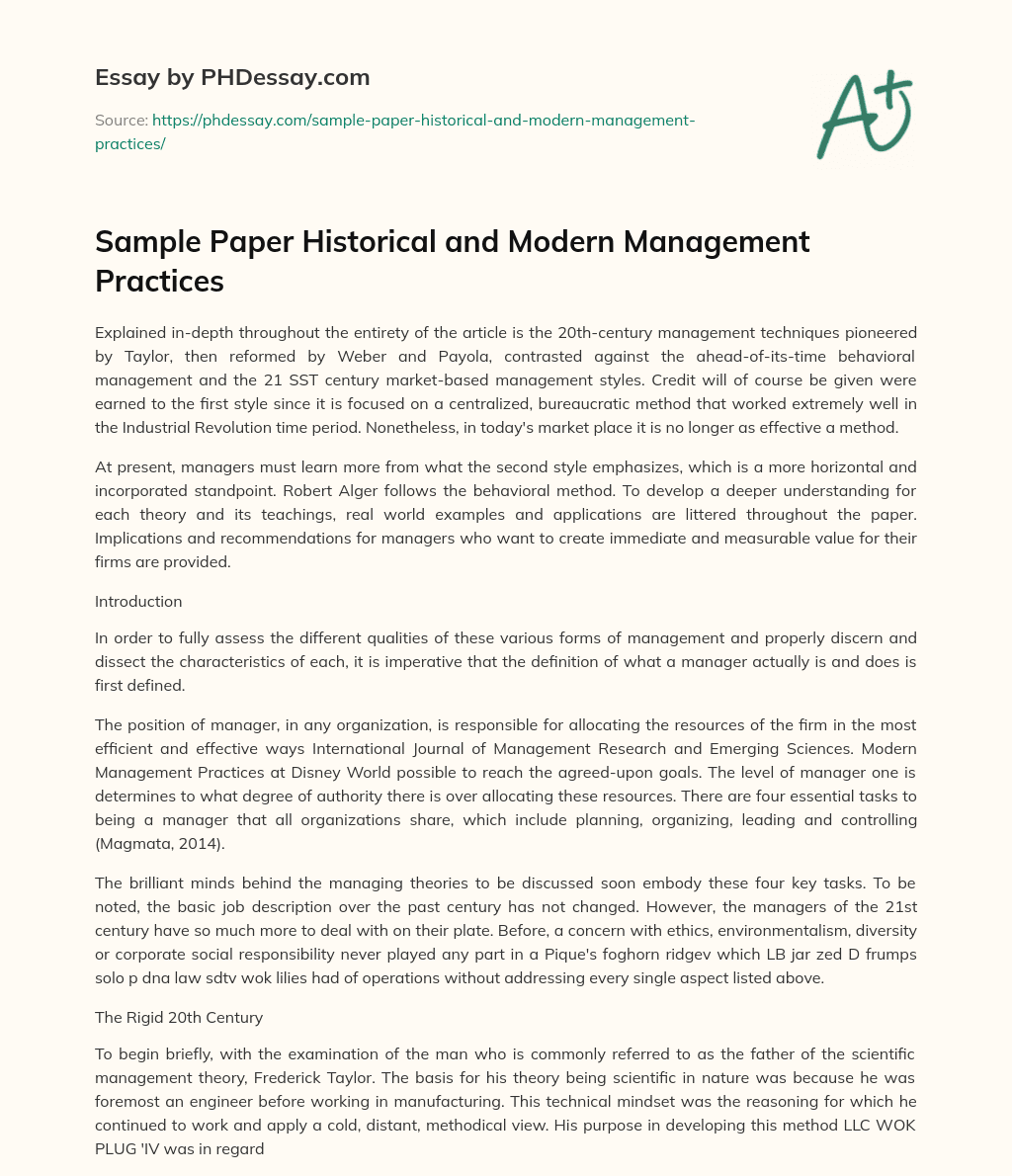 Sample Paper Historical and Modern Management Practices essay
