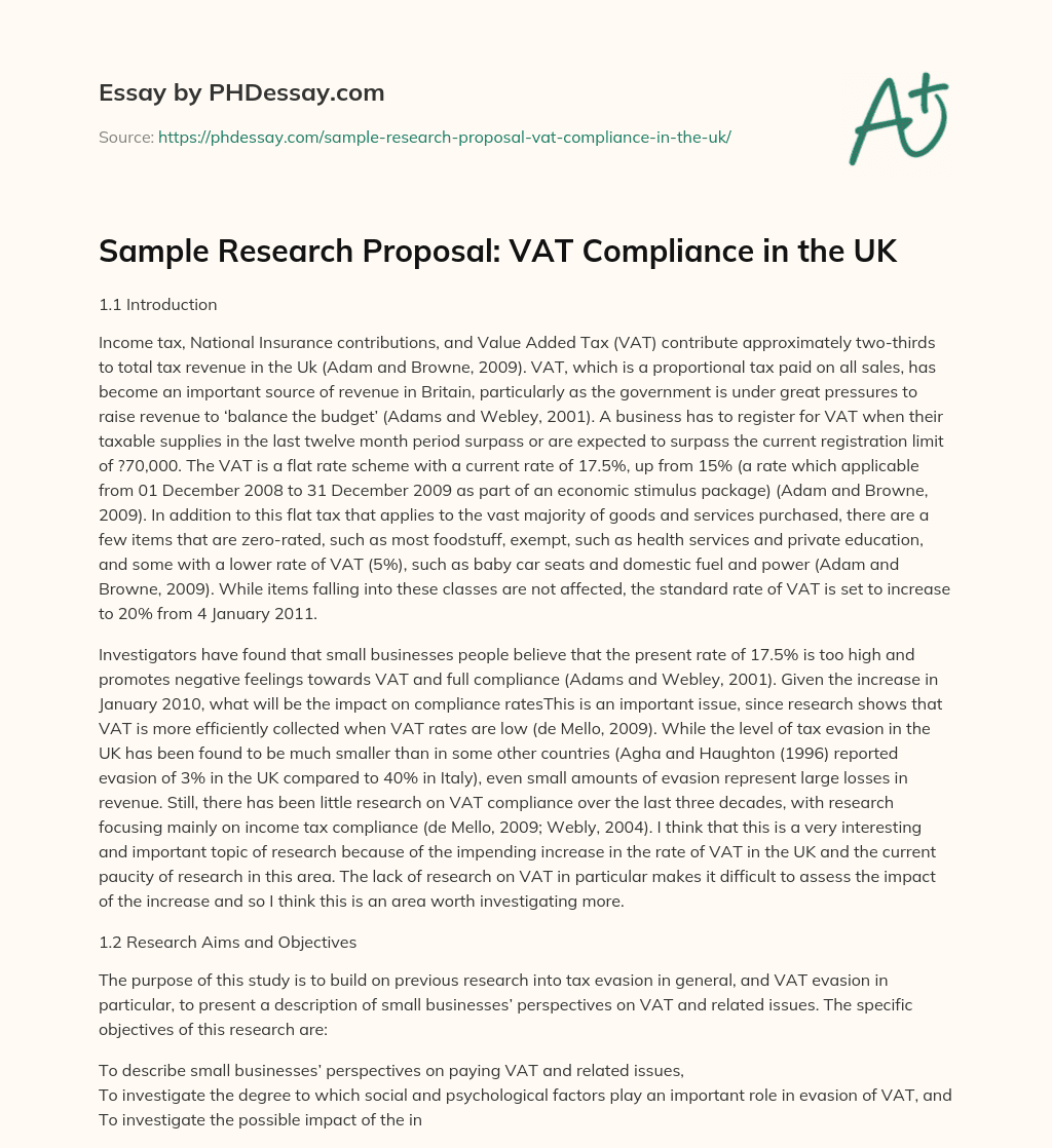 Sample Research Proposal: VAT Compliance in the UK essay