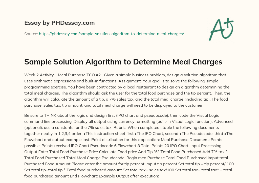 Sample Solution Algorithm to Determine Meal Charges essay