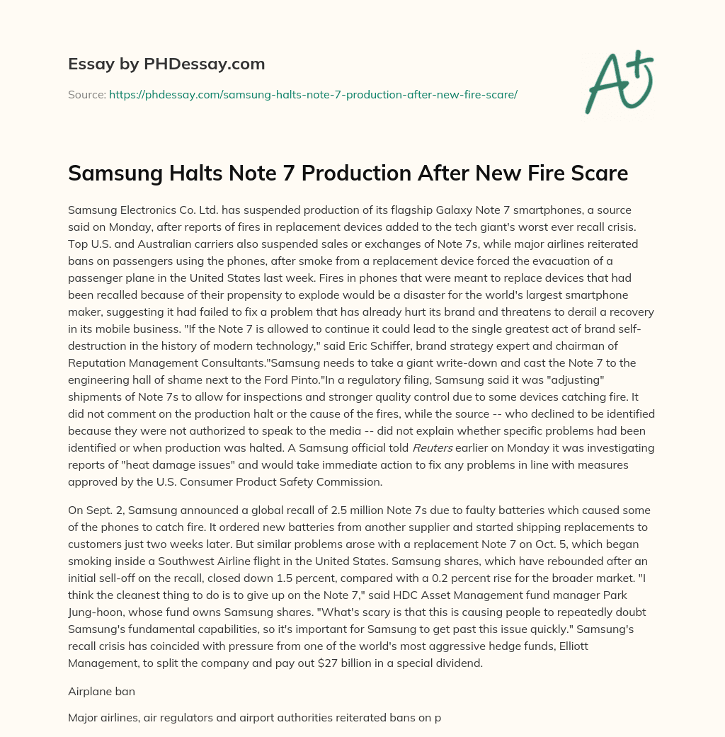Samsung Halts Note 7 Production After New Fire Scare essay