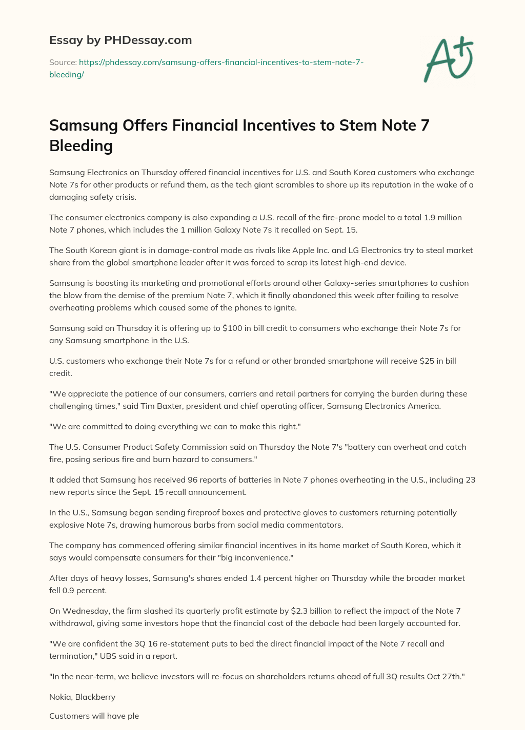 Samsung Offers Financial Incentives to Stem Note 7 Bleeding essay