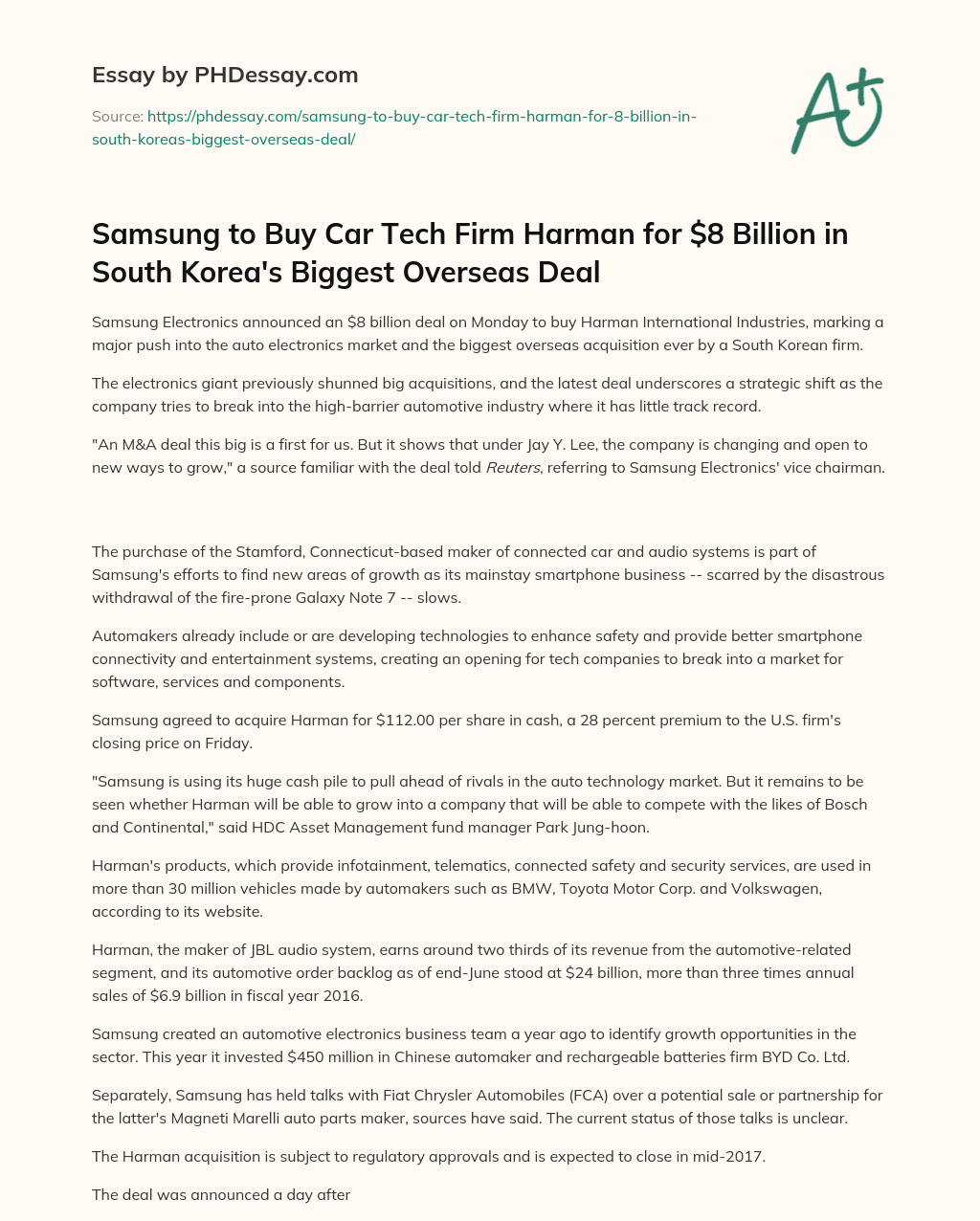 Samsung to Buy Car Tech Firm Harman for $8 Billion in South Korea’s Biggest Overseas Deal essay