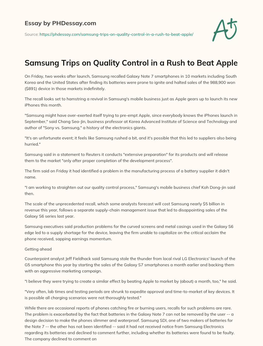 Samsung Trips on Quality Control in a Rush to Beat Apple essay
