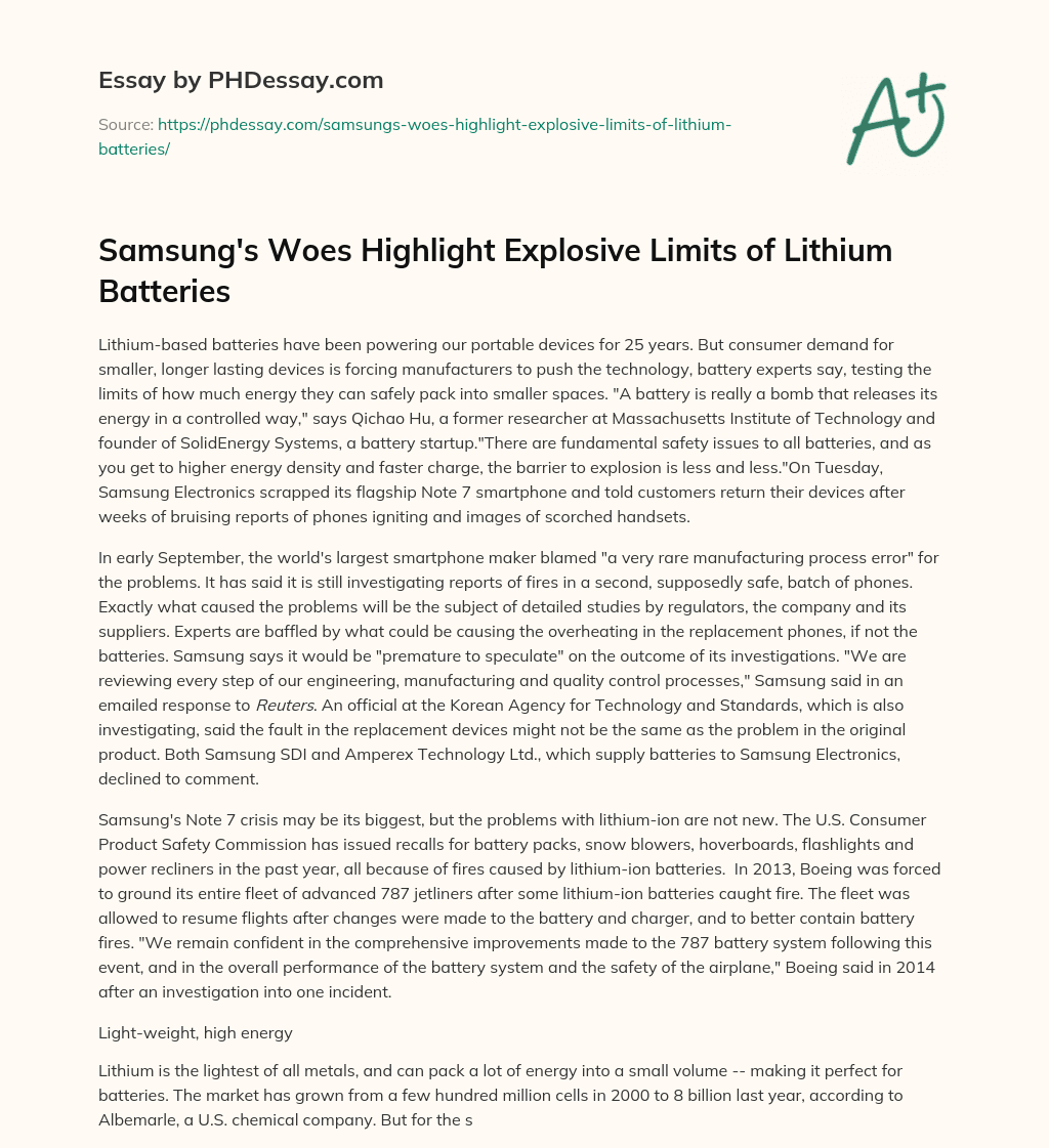 Samsung’s Woes Highlight Explosive Limits of Lithium Batteries essay