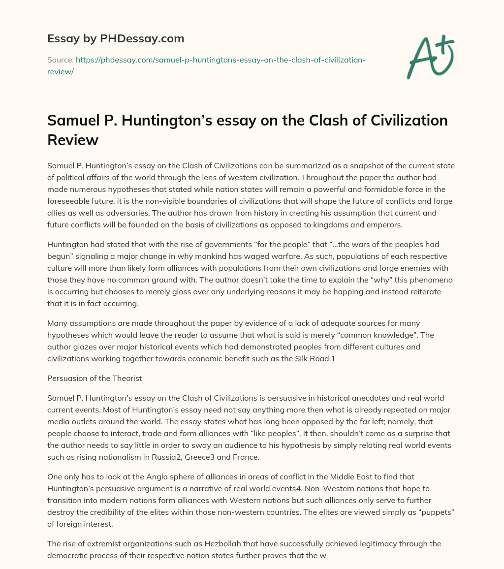 Samuel P. Huntington’s essay on the Clash of Civilization Review essay