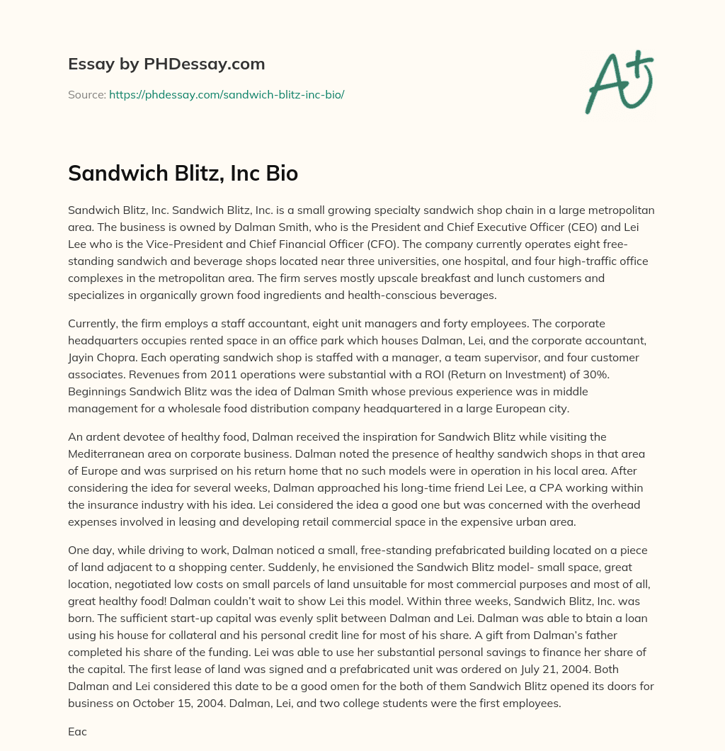 Sandwich Blitz, Inc Bio essay