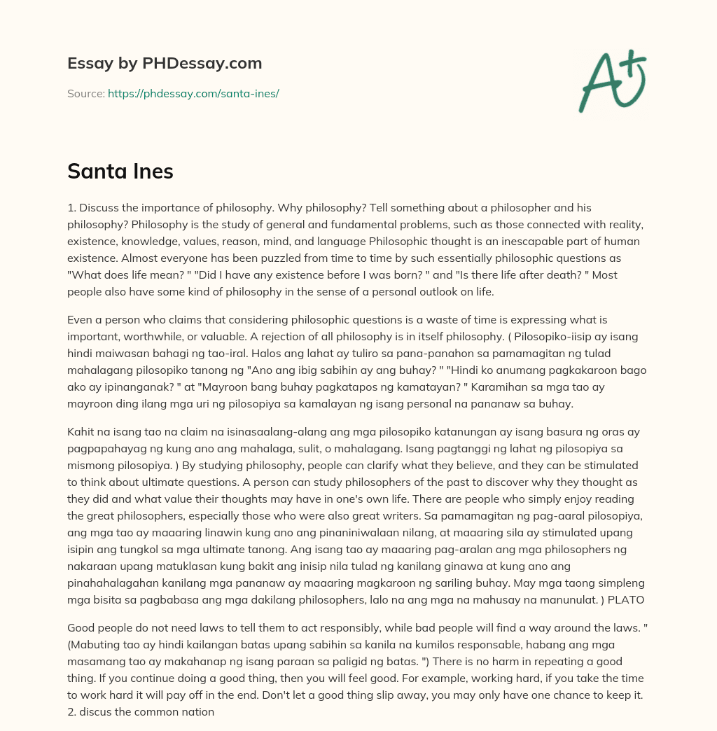 Importance of Philosophy in Human Existence: Personal Outlook and Fundamental Questions essay