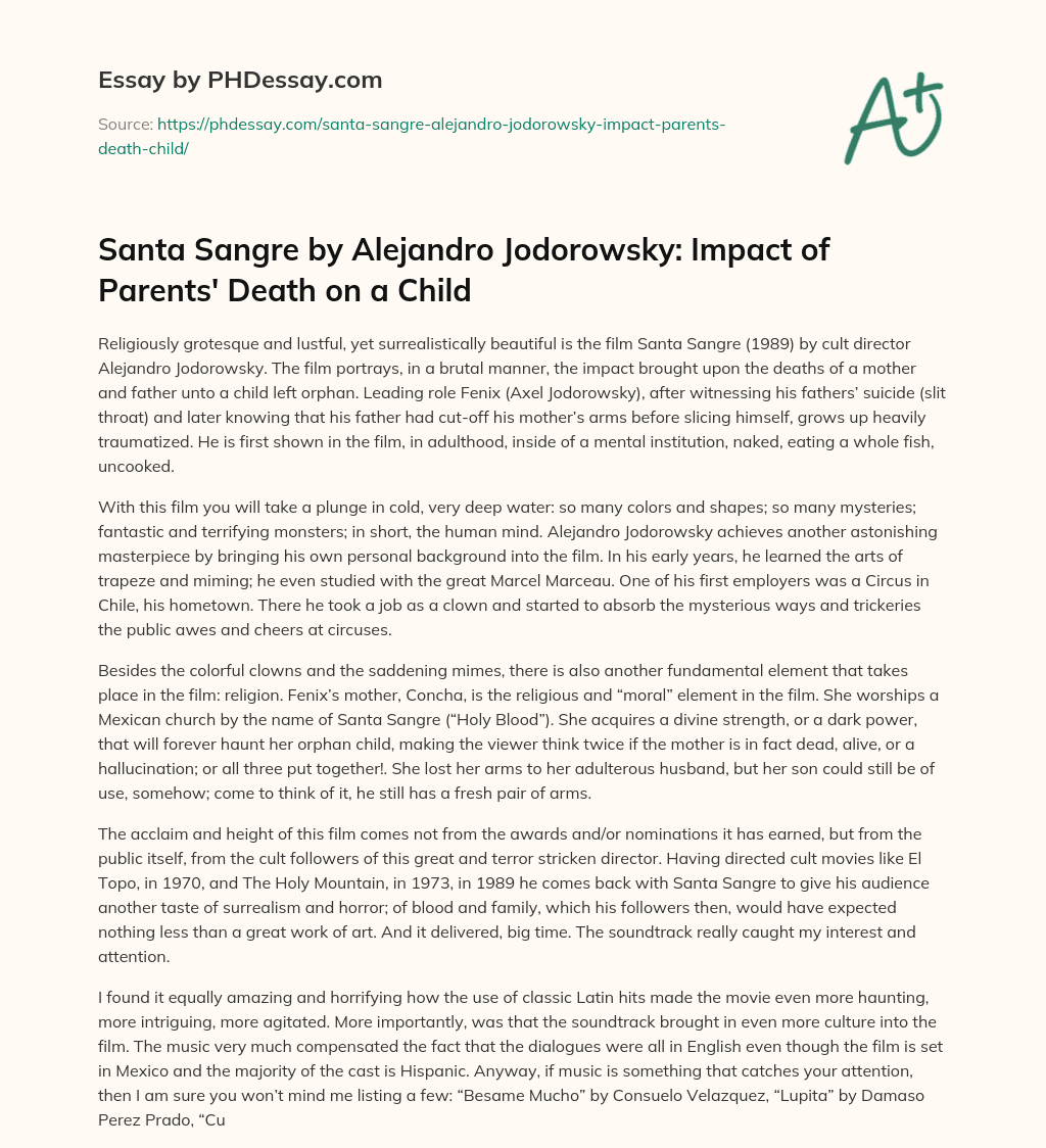 Santa Sangre by Alejandro Jodorowsky: Impact of Parents’ Death on a Child essay