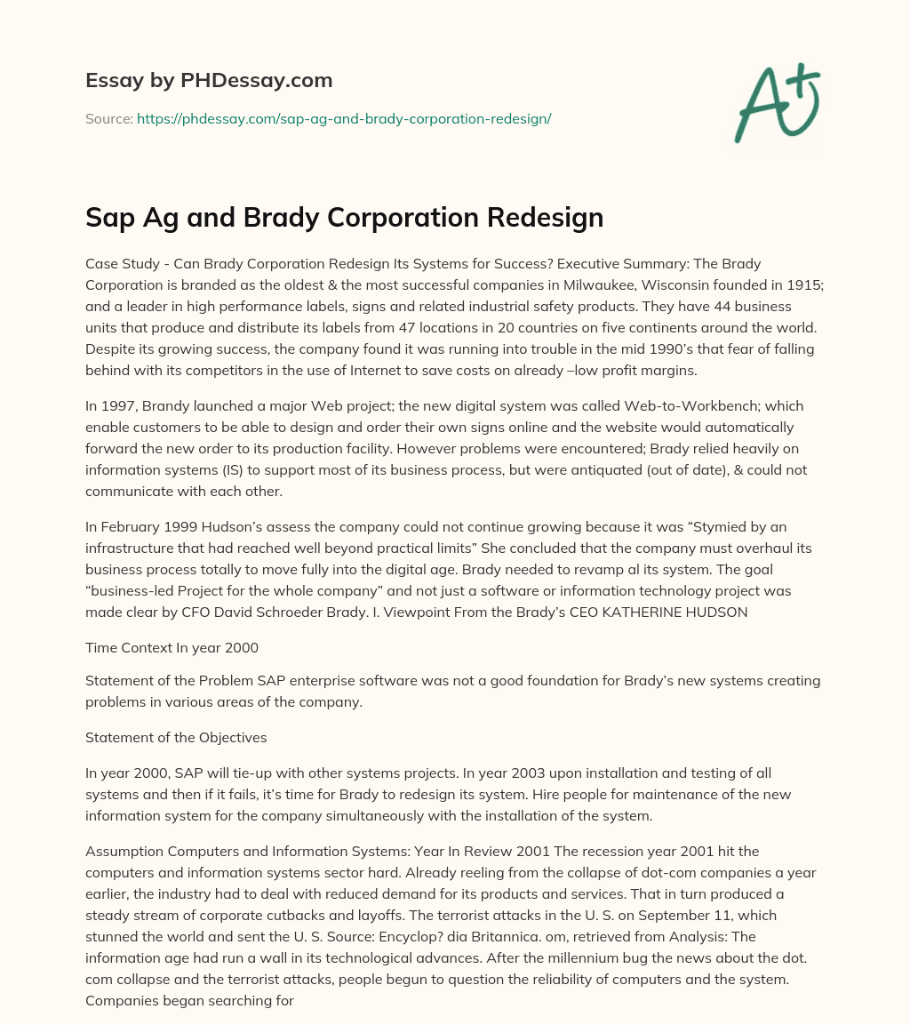 Sap Ag and Brady Corporation Redesign essay