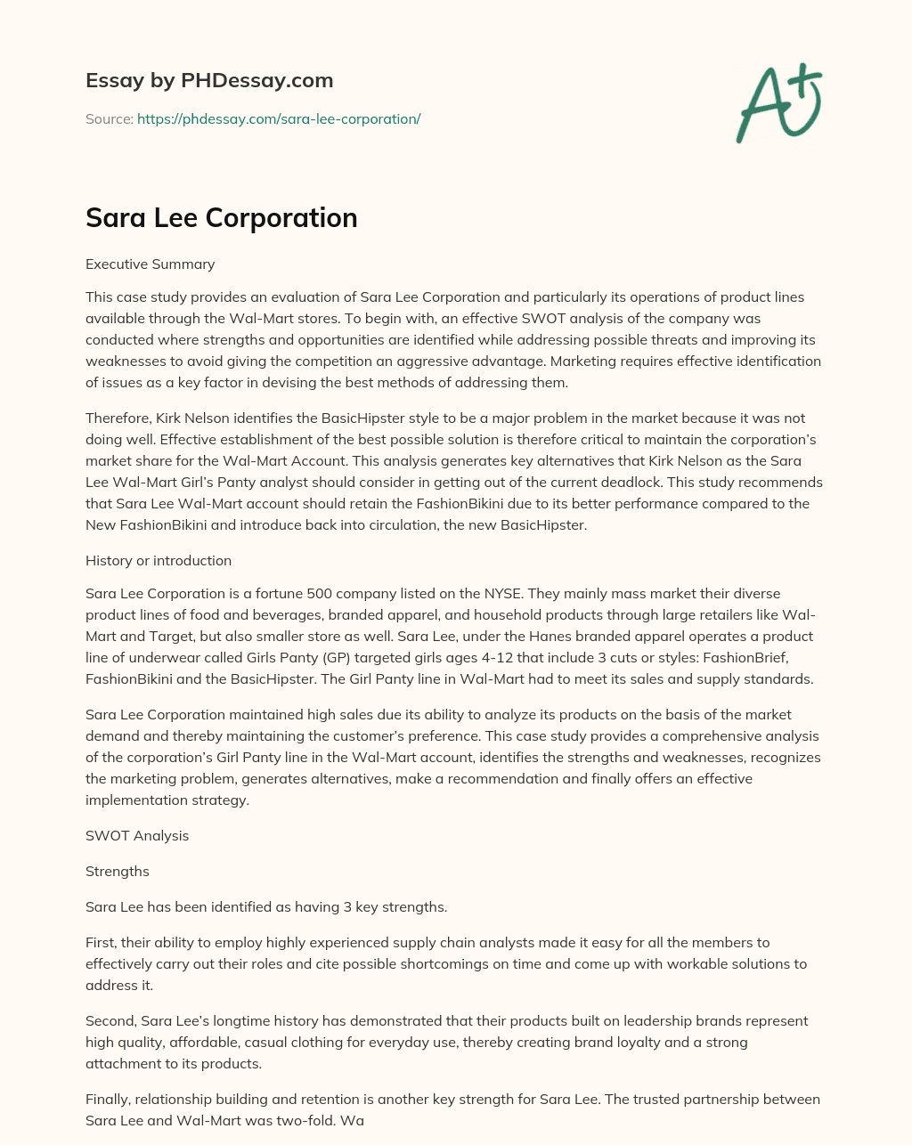 Sara Lee Corporation essay