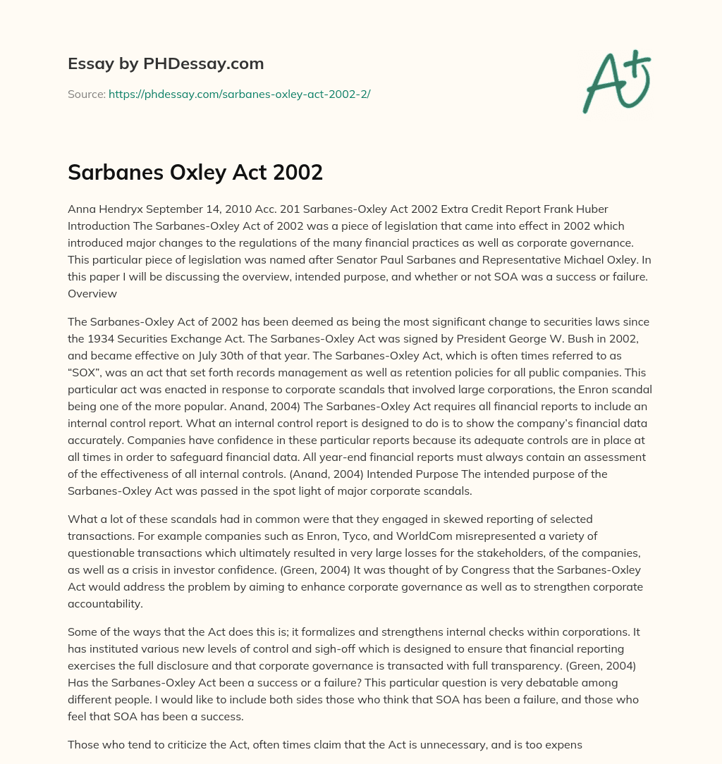 Sarbanes Oxley Act 2002 essay