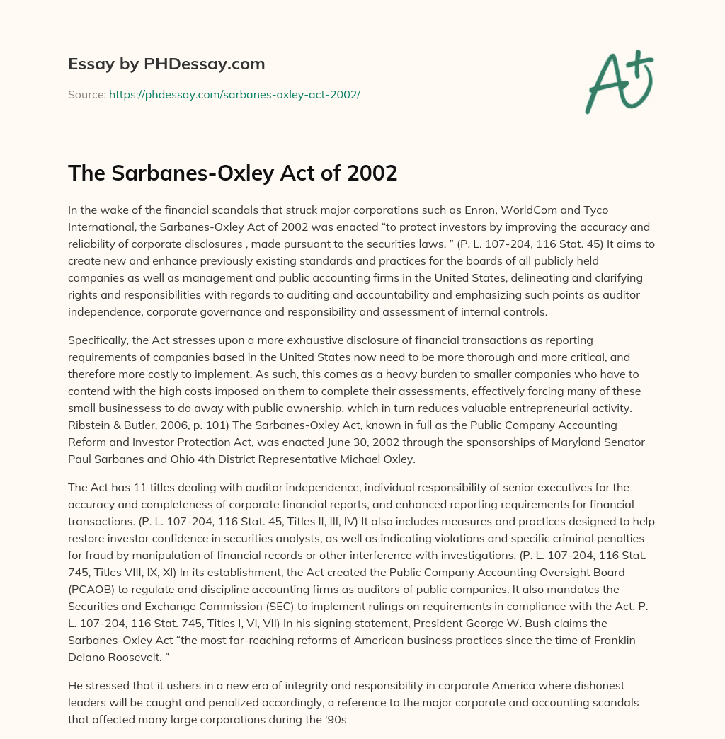 The Sarbanes-Oxley Act of 2002 essay