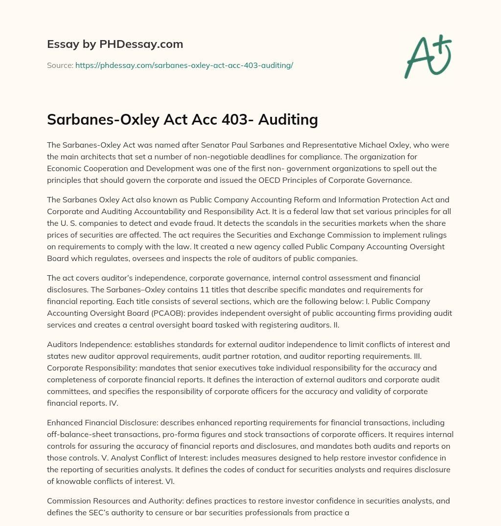 Sarbanes-Oxley Act Acc 403- Auditing essay