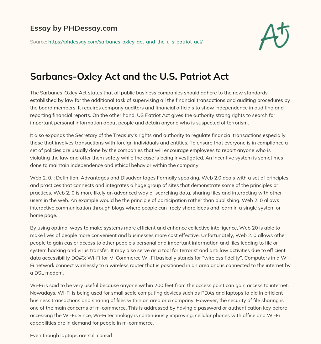 Sarbanes-Oxley Act and the U.S. Patriot Act essay