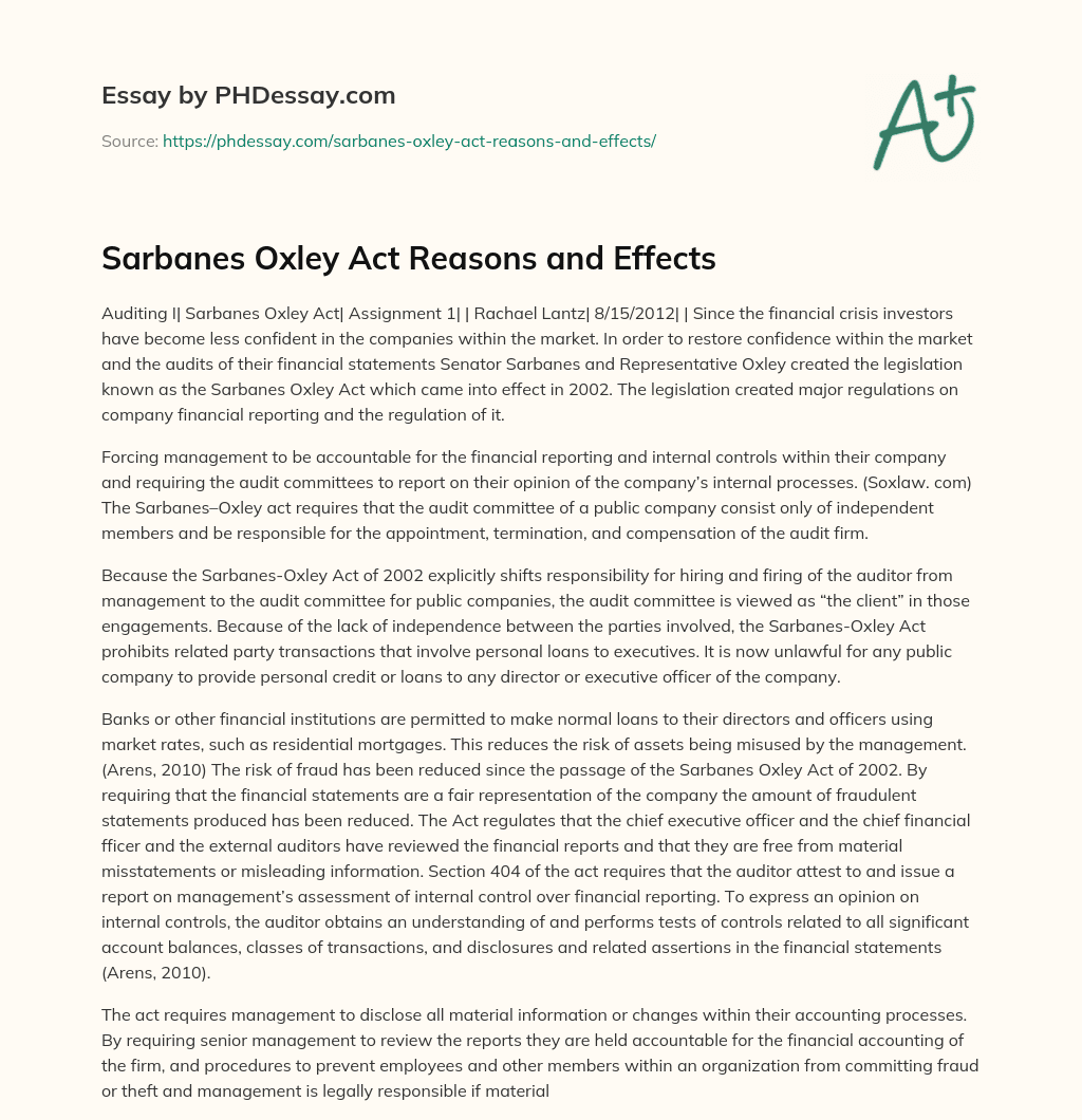 Sarbanes Oxley Act Reasons and Effects essay