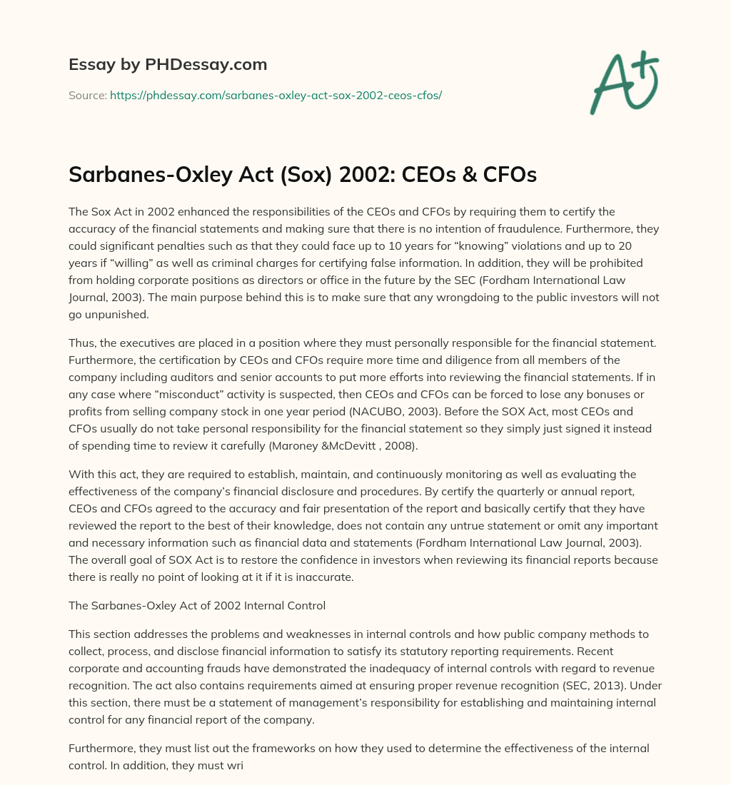 Sarbanes-Oxley Act (Sox) 2002: CEOs & CFOs essay