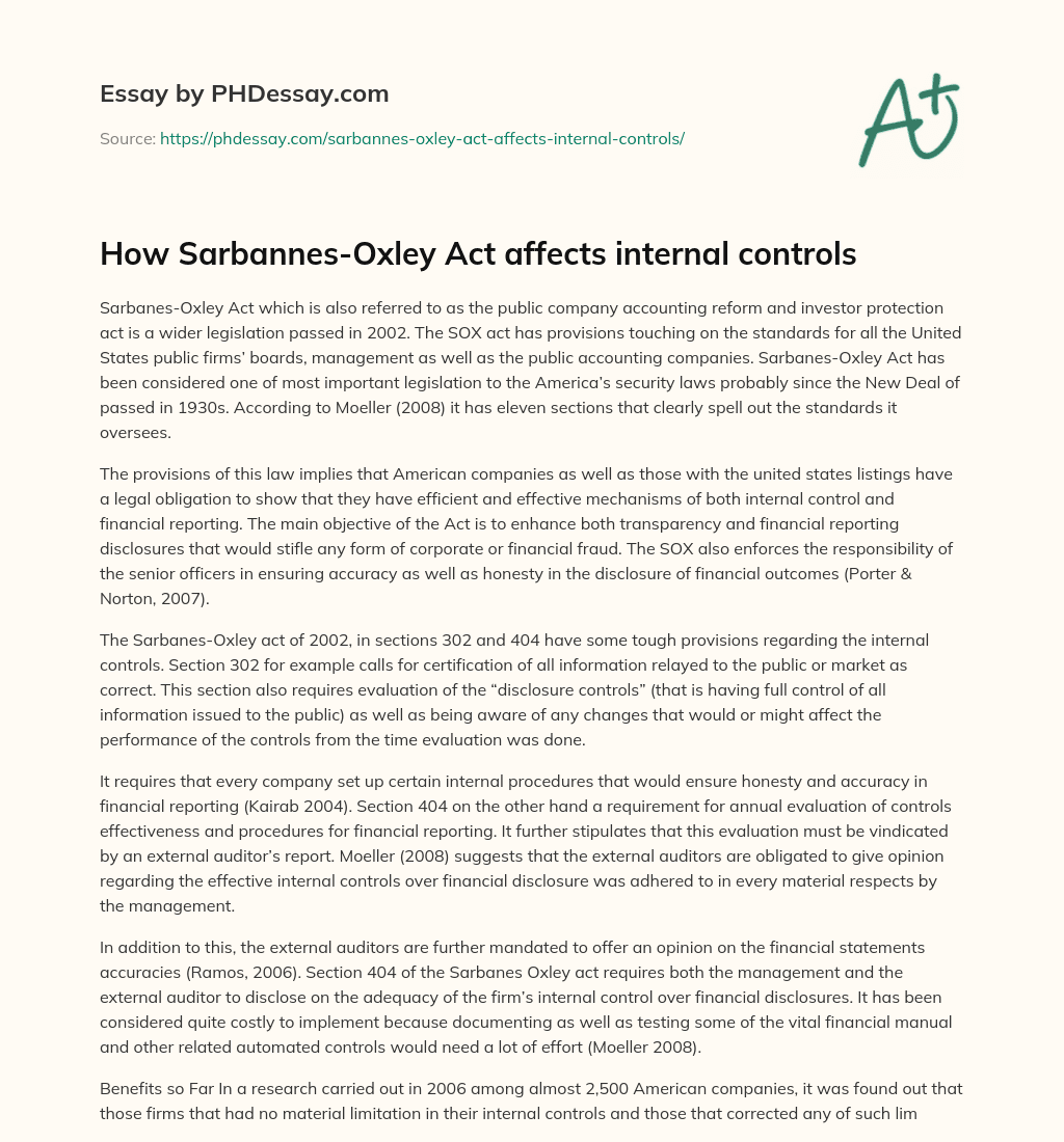 How Sarbannes-Oxley Act affects internal controls essay