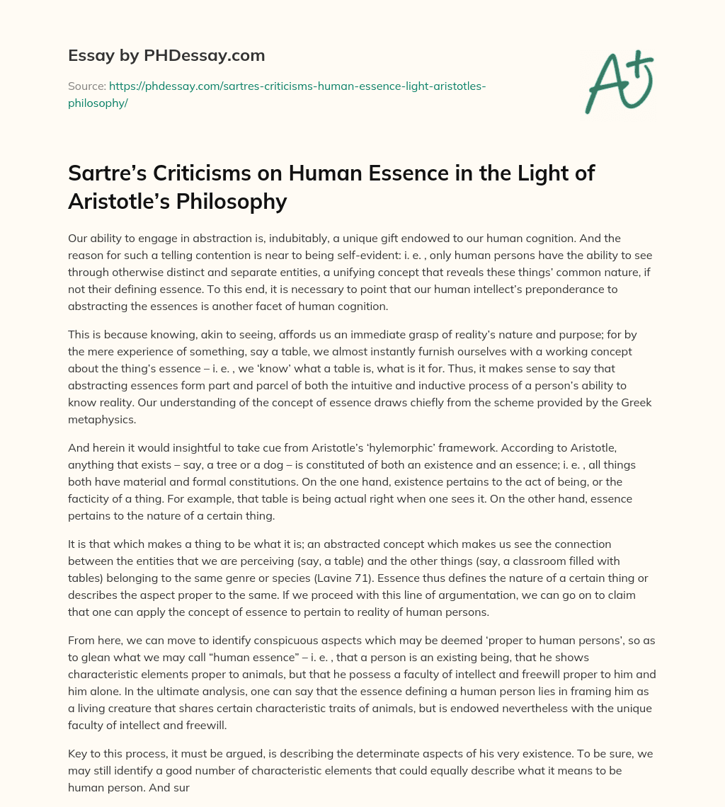 Sartre’s Criticisms on Human Essence in the Light of Aristotle’s Philosophy essay