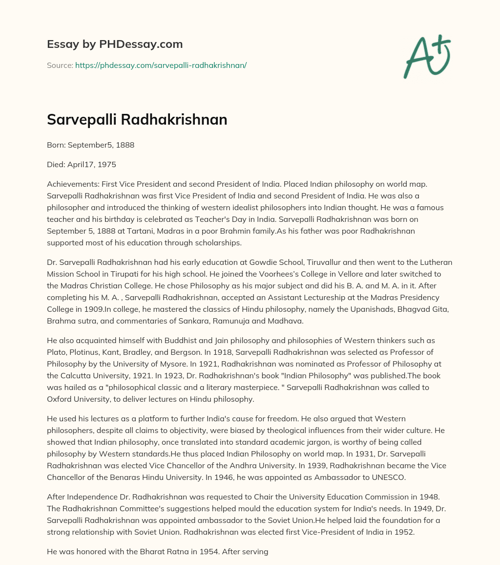 Sarvepalli Radhakrishnan essay