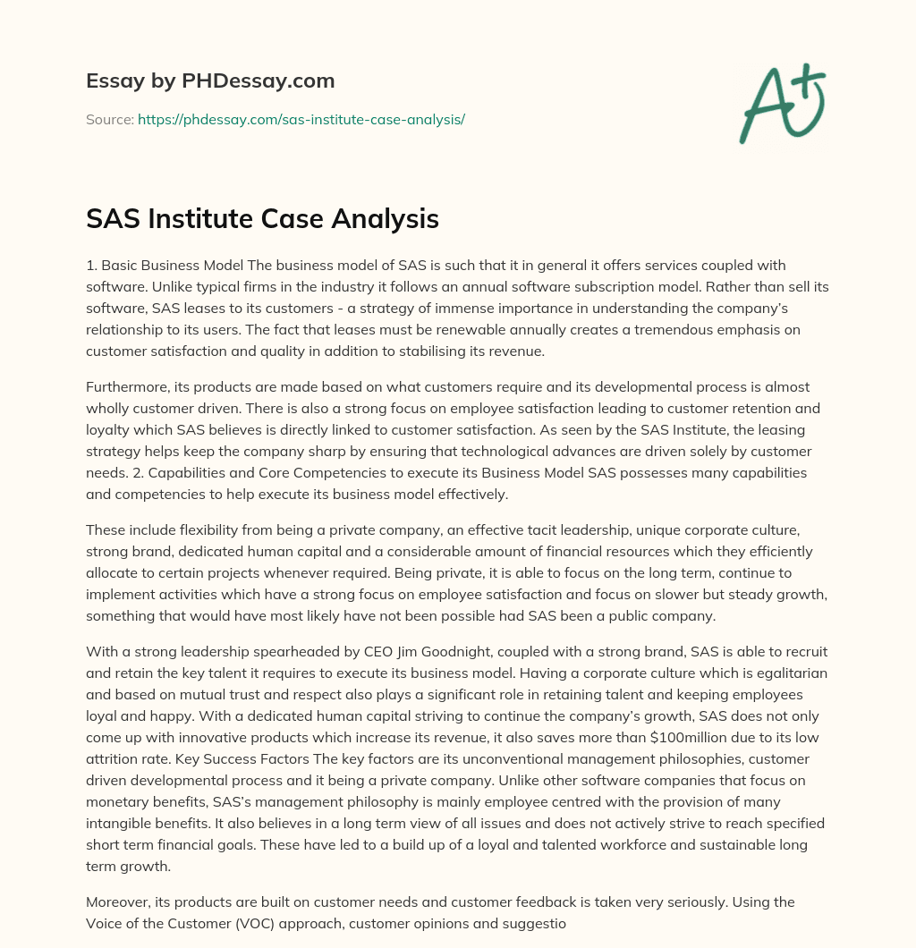 SAS Institute Case Analysis essay