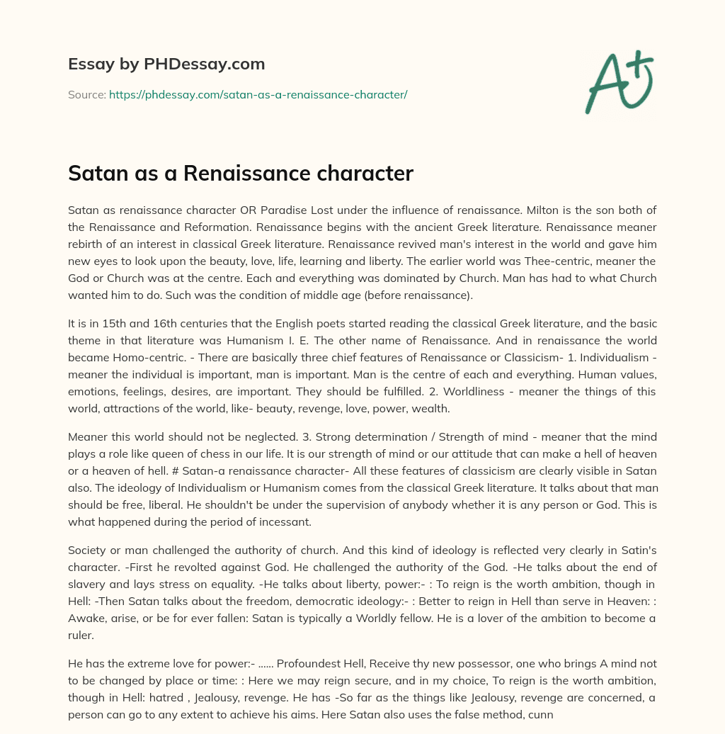 Satan as a Renaissance character essay