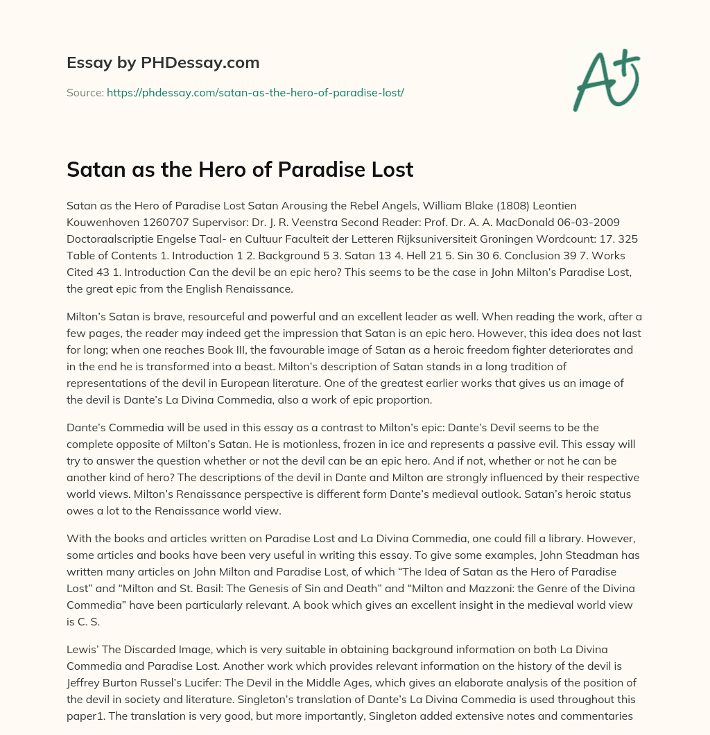 Satan as the Hero of Paradise Lost essay