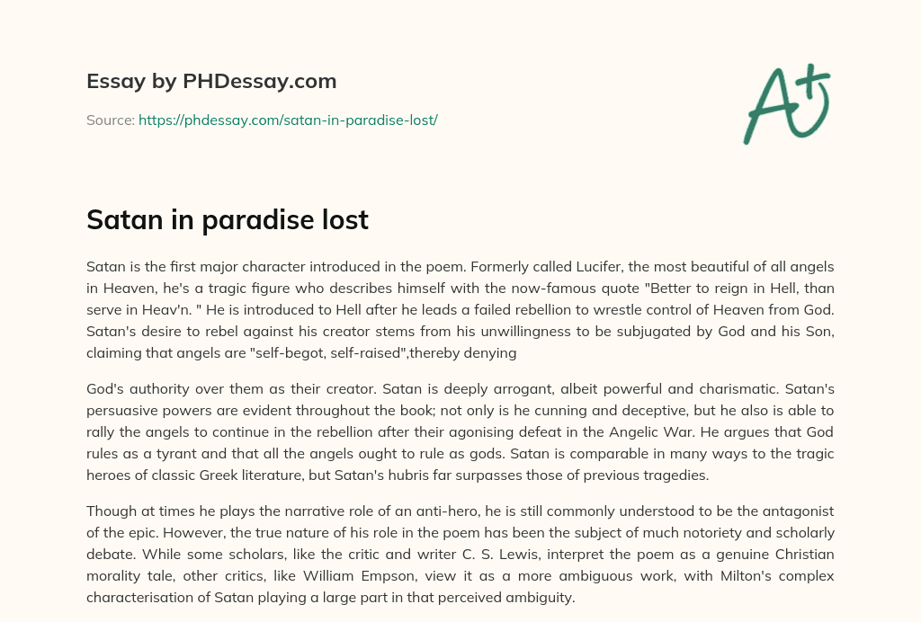 Satan in paradise lost essay
