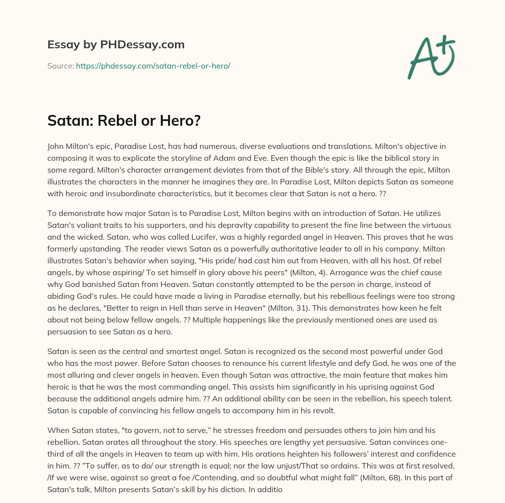 Satan: Rebel or Hero? essay