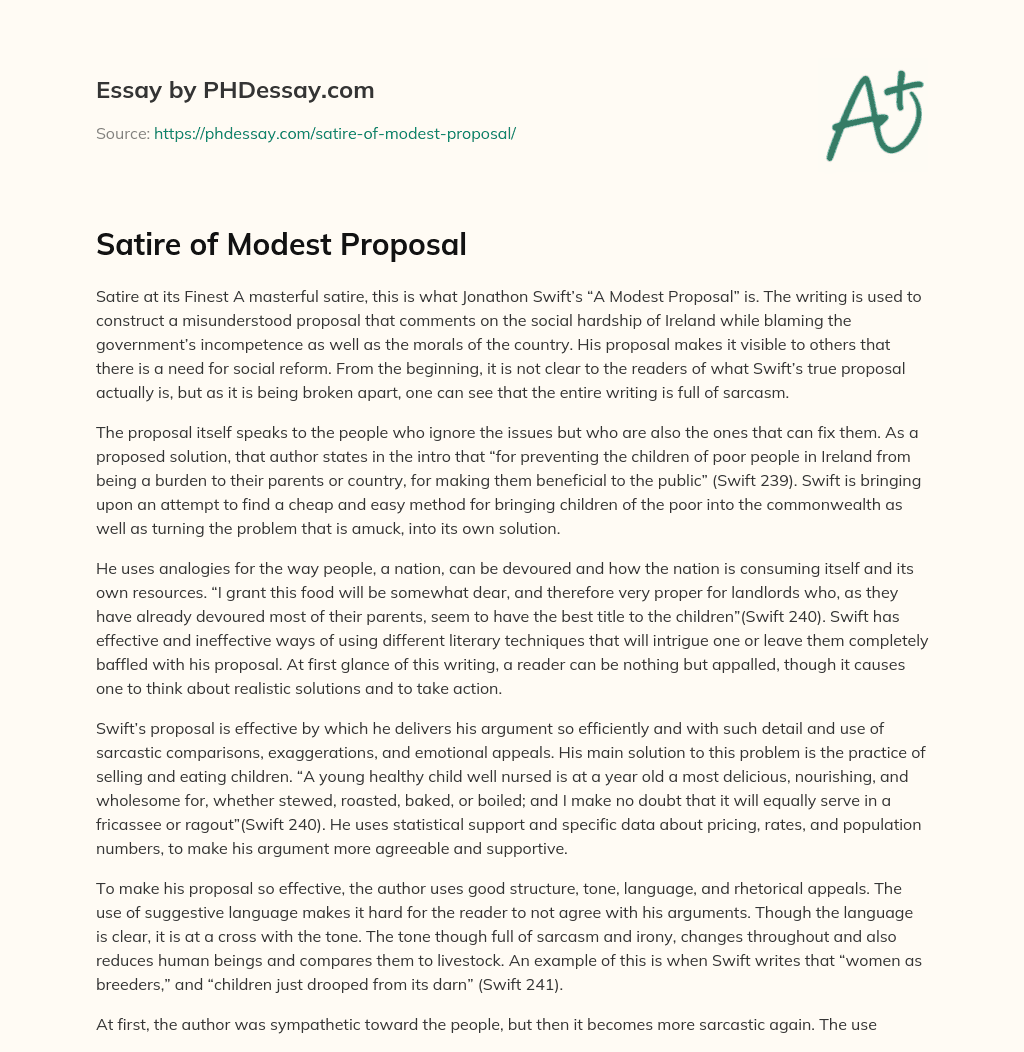 Satire of Modest Proposal essay