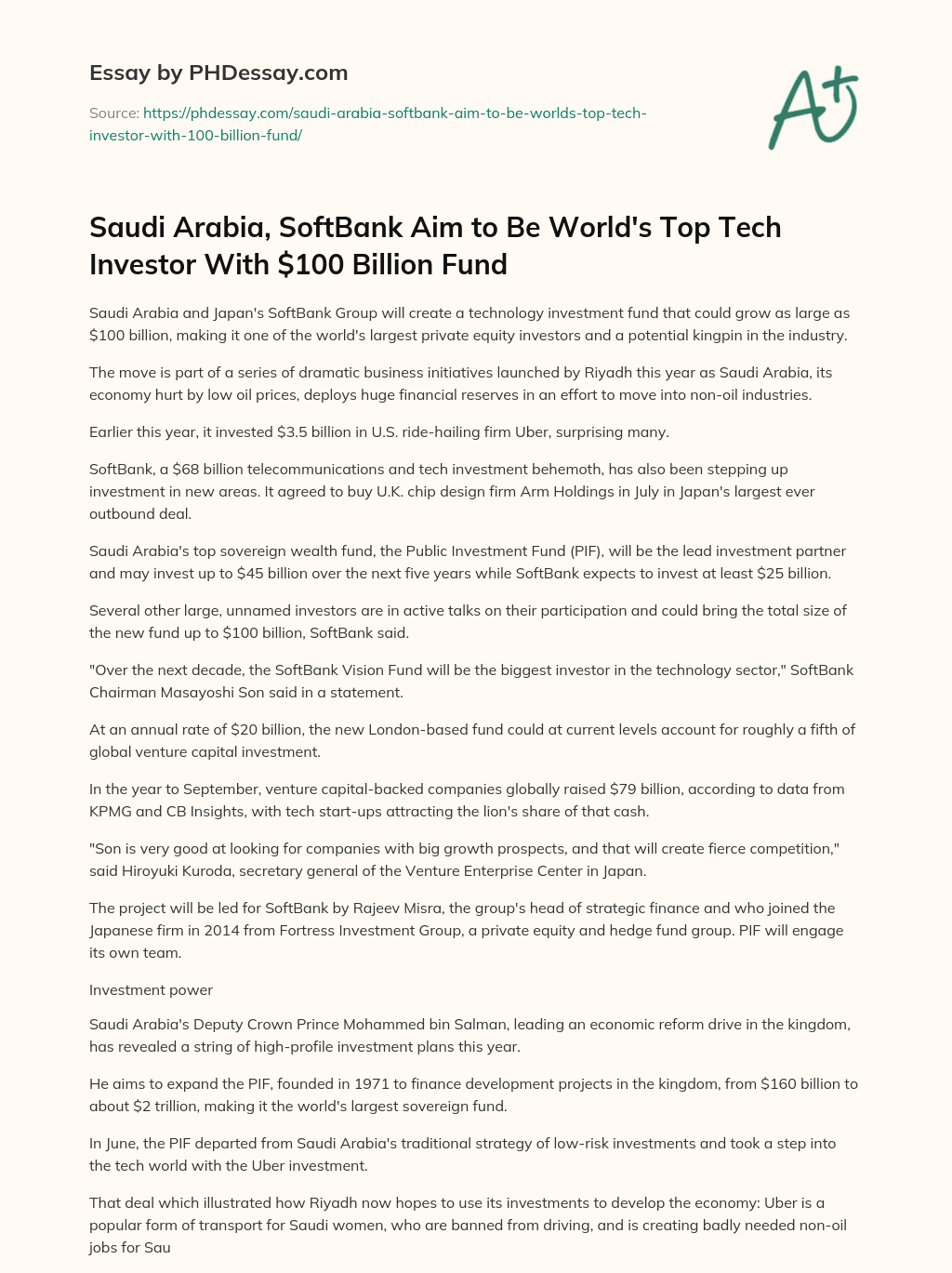 Saudi Arabia, SoftBank Aim to Be World’s Top Tech Investor With $100 Billion Fund essay
