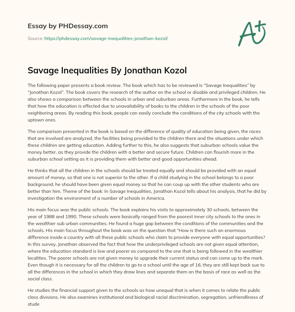 Savage Inequalities By Jonathan Kozol essay