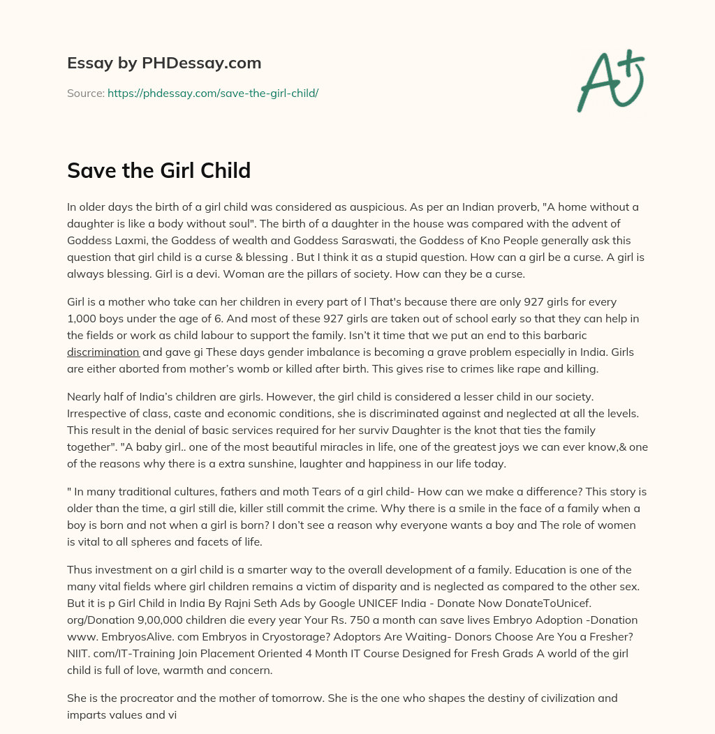 ﻿Save the Girl Child essay