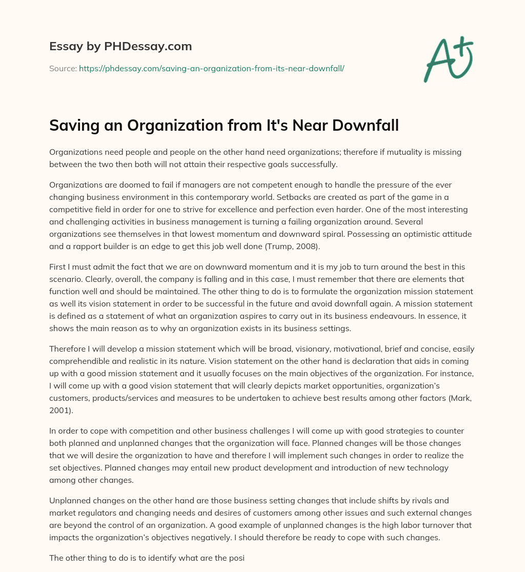 Saving an Organization from It’s Near Downfall essay