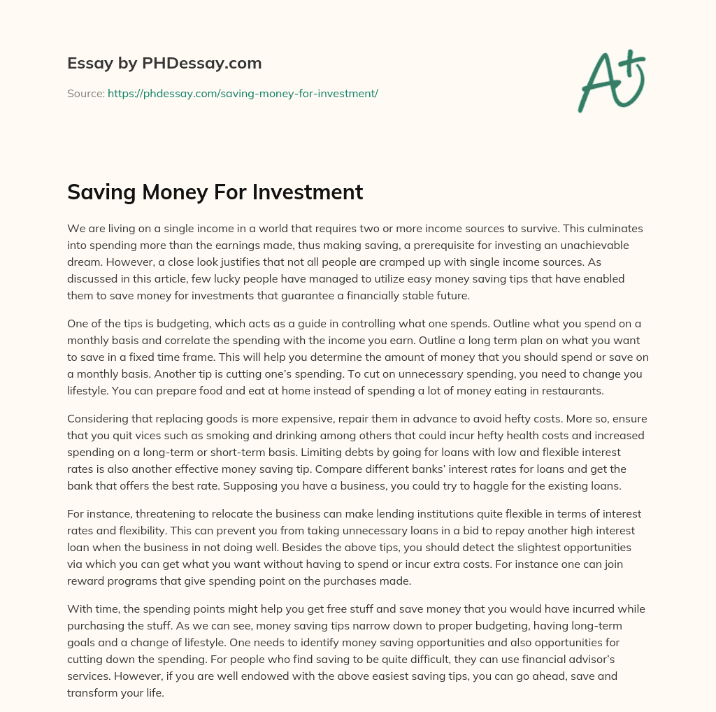 Saving Money For Investment essay