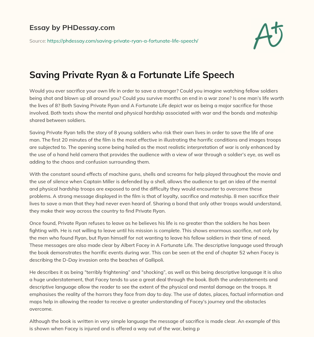 Saving Private Ryan & a Fortunate Life Speech essay