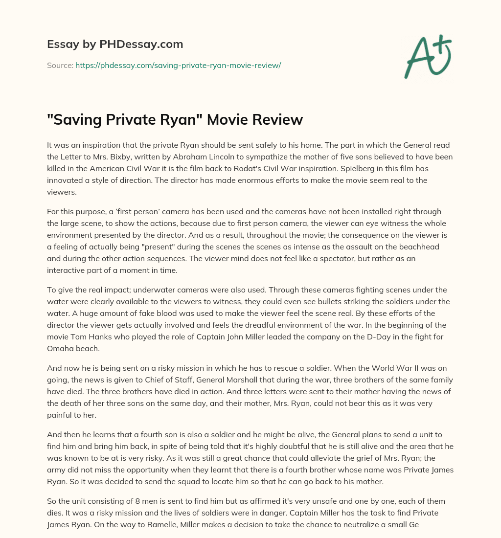 “Saving Private Ryan” Movie Review essay