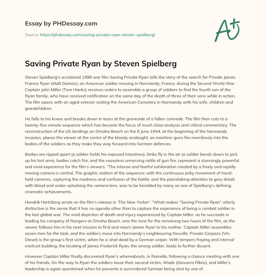 Saving Private Ryan by Steven Spielberg essay