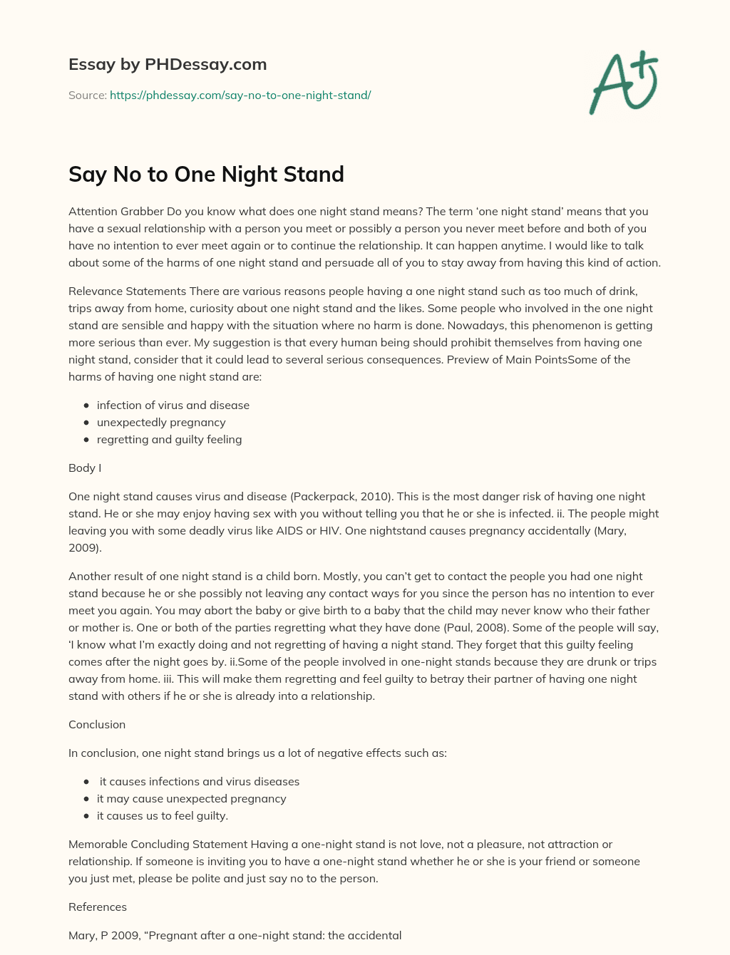 Say No to One Night Stand essay
