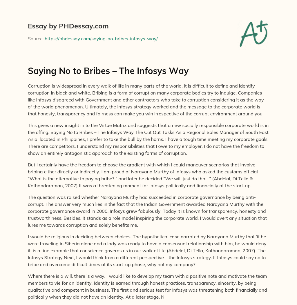 Saying No to Bribes – The Infosys Way essay
