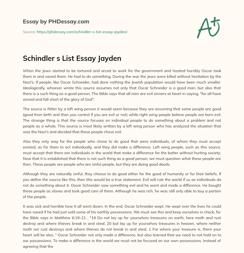 Schindler s List Essay Jayden essay