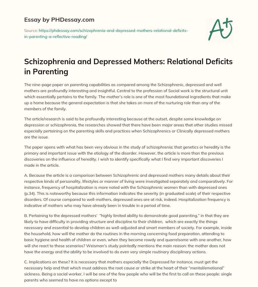 Schizophrenia and Depressed Mothers: Relational Deficits in Parenting essay