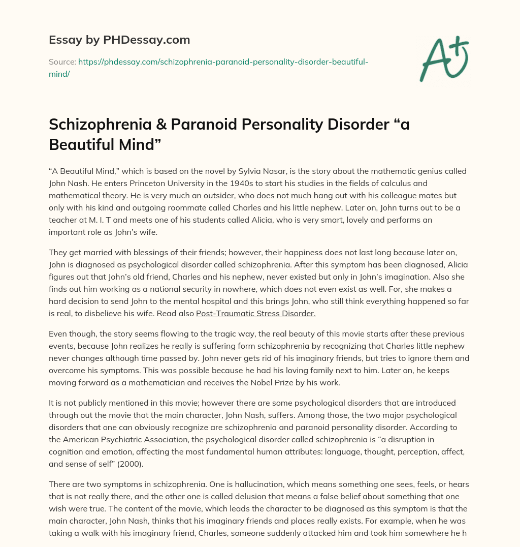 Schizophrenia & Paranoid Personality Disorder “a Beautiful Mind” essay