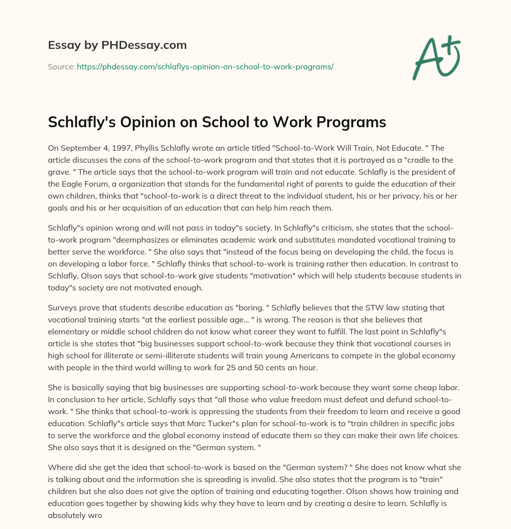 Schlafly’s Opinion on School to Work Programs essay