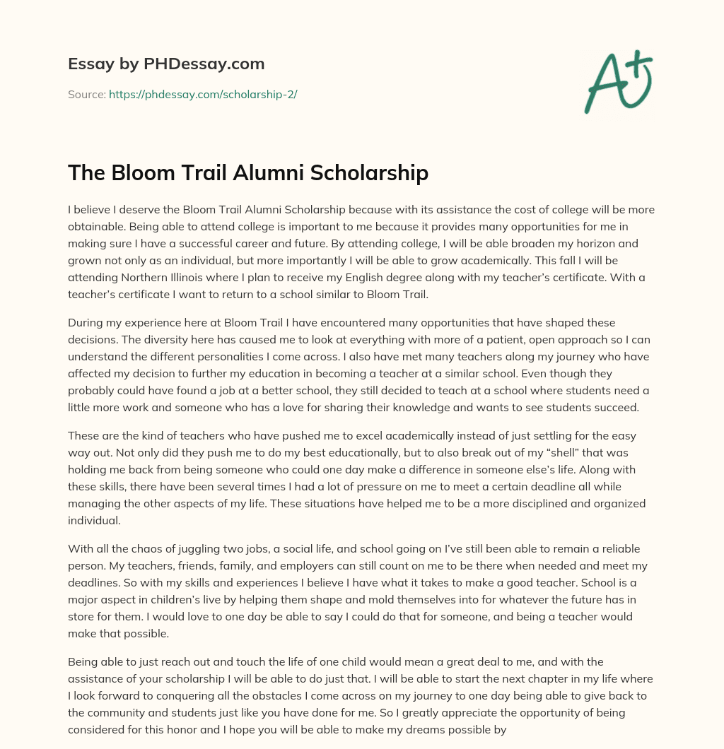The Bloom Trail Alumni Scholarship essay