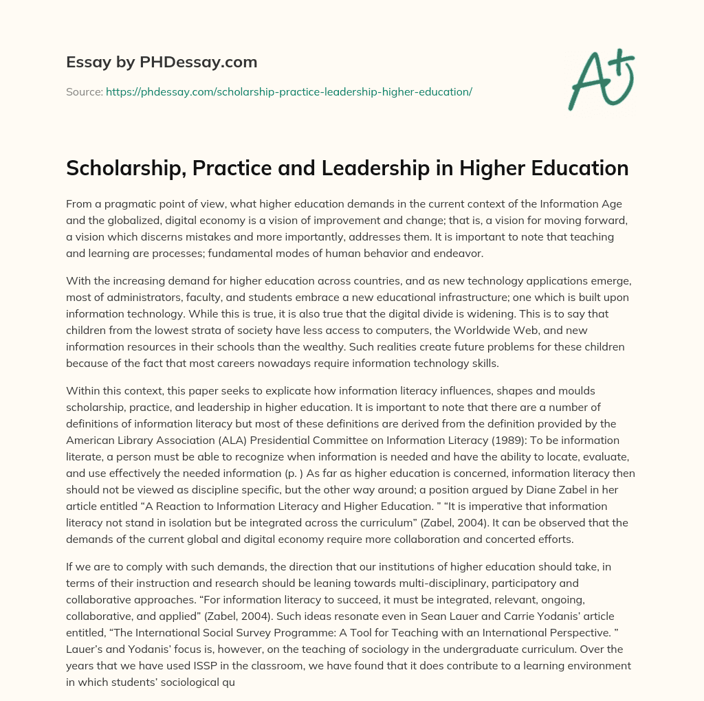 Scholarship, Practice and Leadership in Higher Education essay