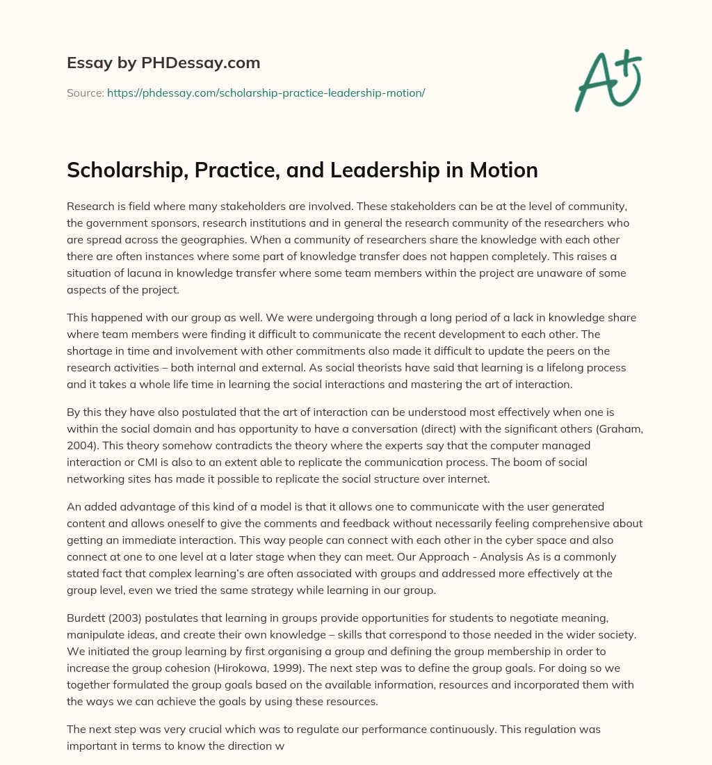 Scholarship, Practice, and Leadership in Motion essay