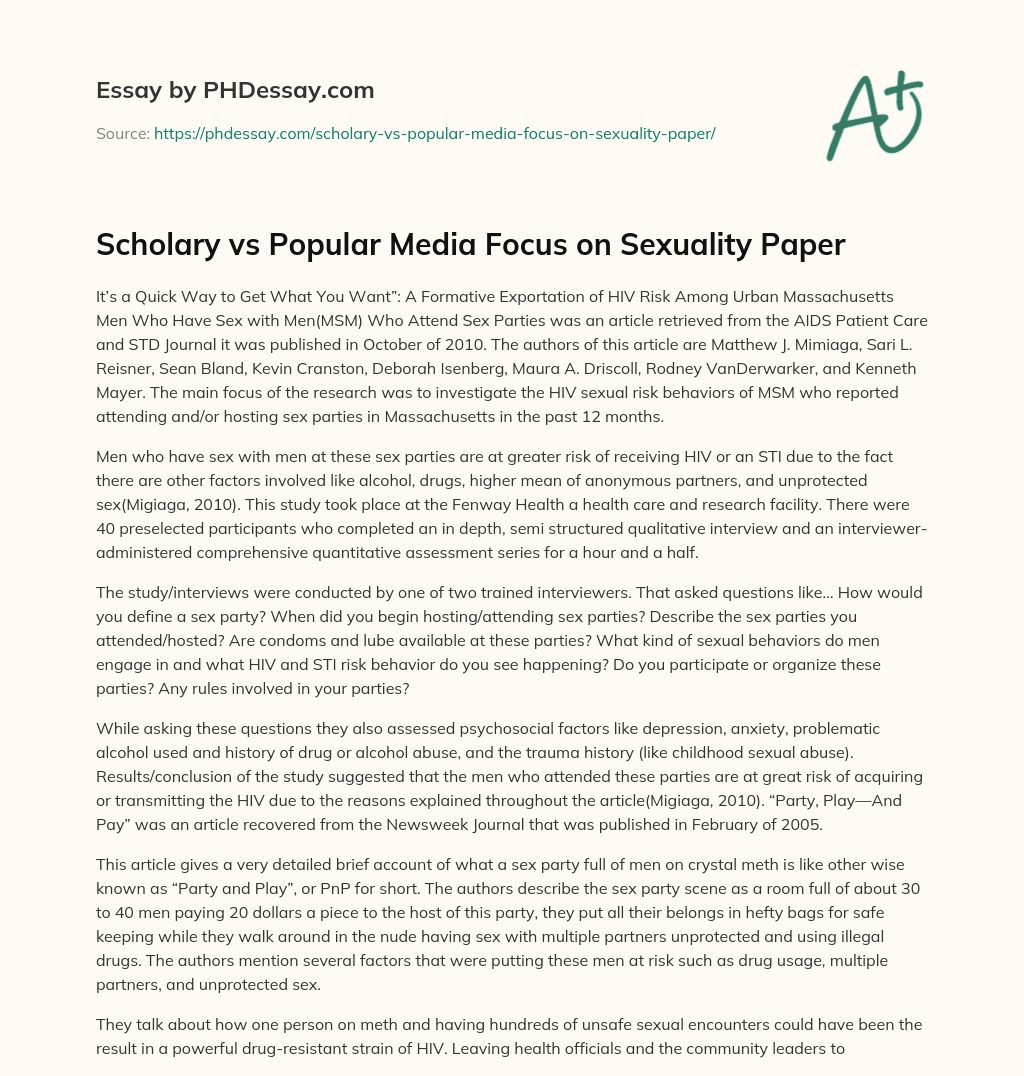 Scholary vs Popular Media Focus on Sexuality Paper essay